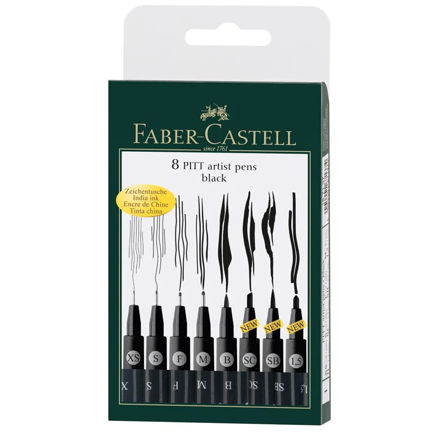 Faber-Castell PITT Artist Pen Set of 8 (XS,S,F,M,B,SC,SB,1.5) Black