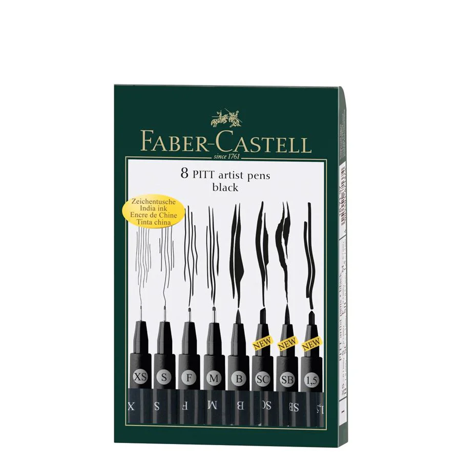 Faber-Castell PITT Artist Pen Set of 8 (XS,S,F,M,B,SC,SB,1.5) Black - Image 2