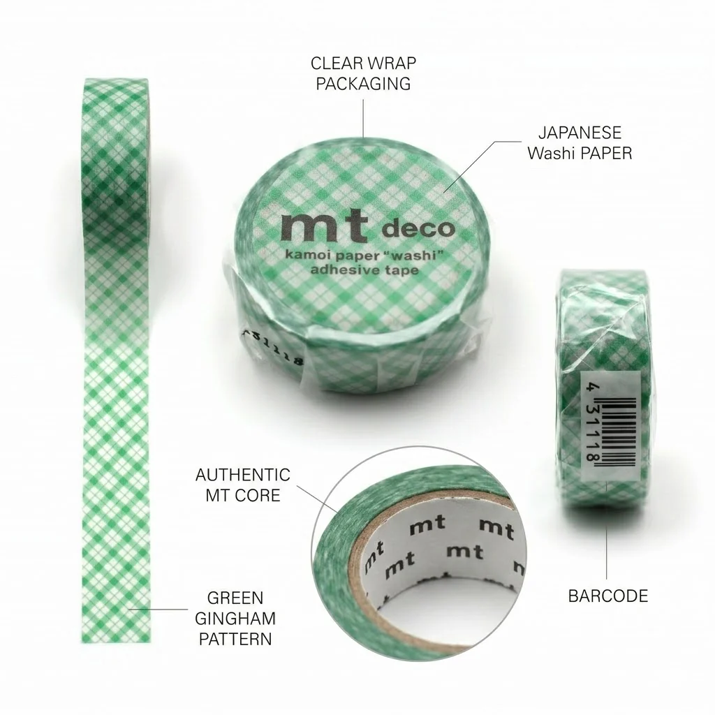 MT 1P Kamoi Washi Tape - Overlapped Wide Gingham Green - Image 3